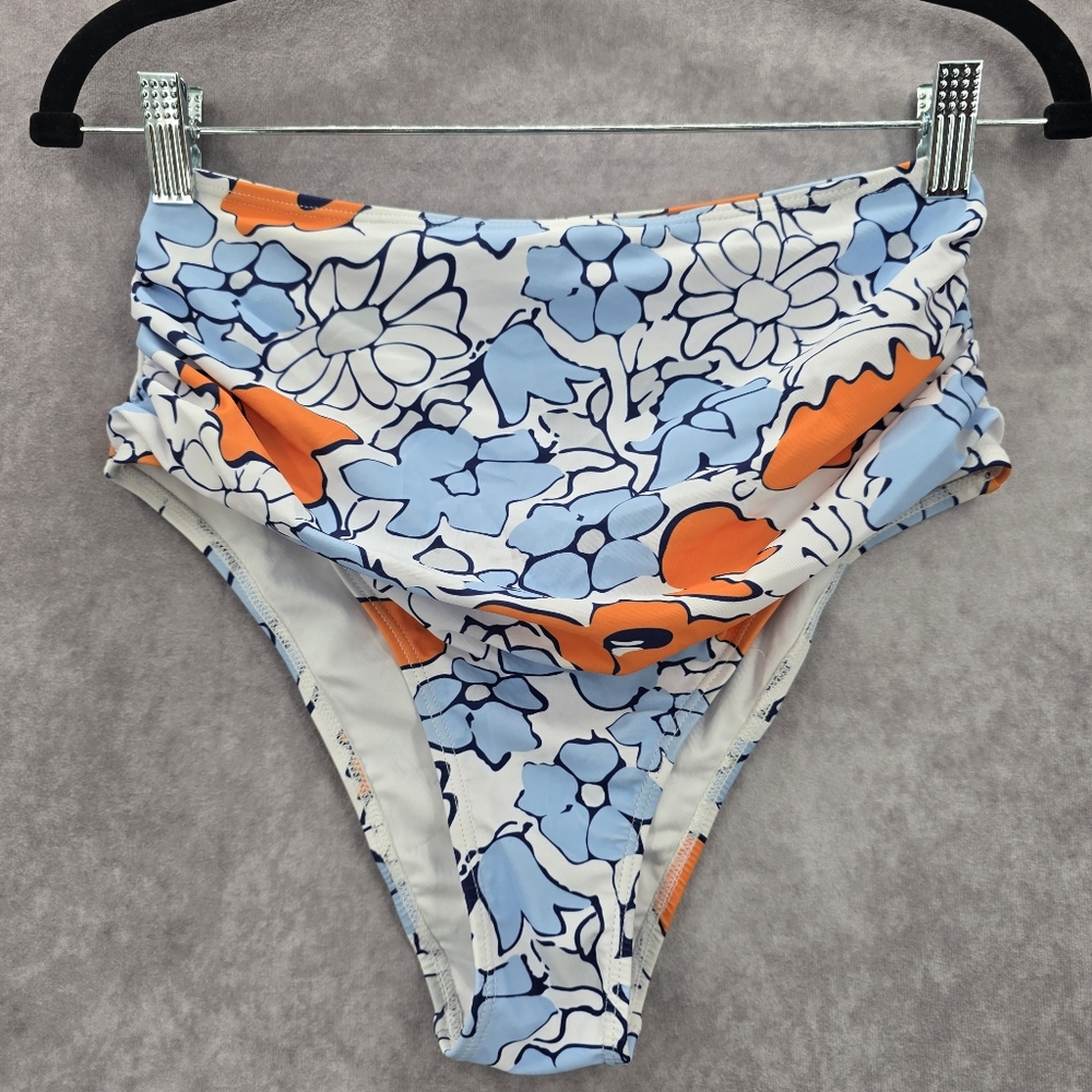 Blue White Floral Print Bikini Bottoms Swimsuit High Rise Swimwear Medium‎
